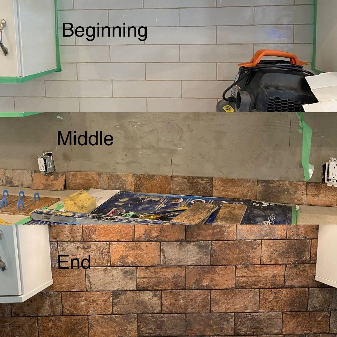 Beginning to end — One backsplash, three stages